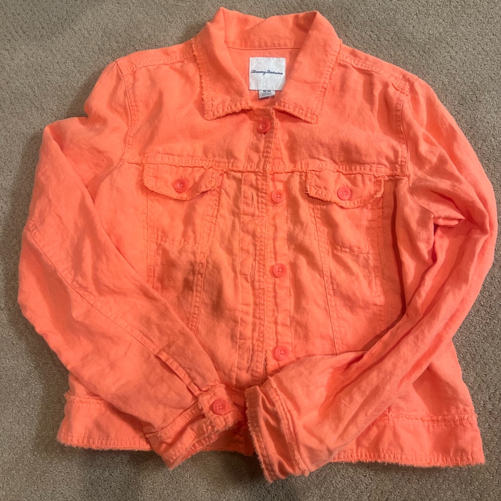 Tommy Bahama women’s two palms raw edge linen jacket color is Melon Berry